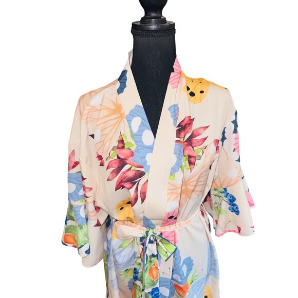 Floral Kimono Robe S/M Lightweight Polyester Multicolor Relaxed Coquette Sexy - Picture 5 of 8